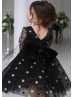 Long Sleeves Black Gold Star Tulle V Back Wedding Flower Girl Dress Long Sleeves Black Gold Star Tulle V Back Wedding Flower Girl Dress